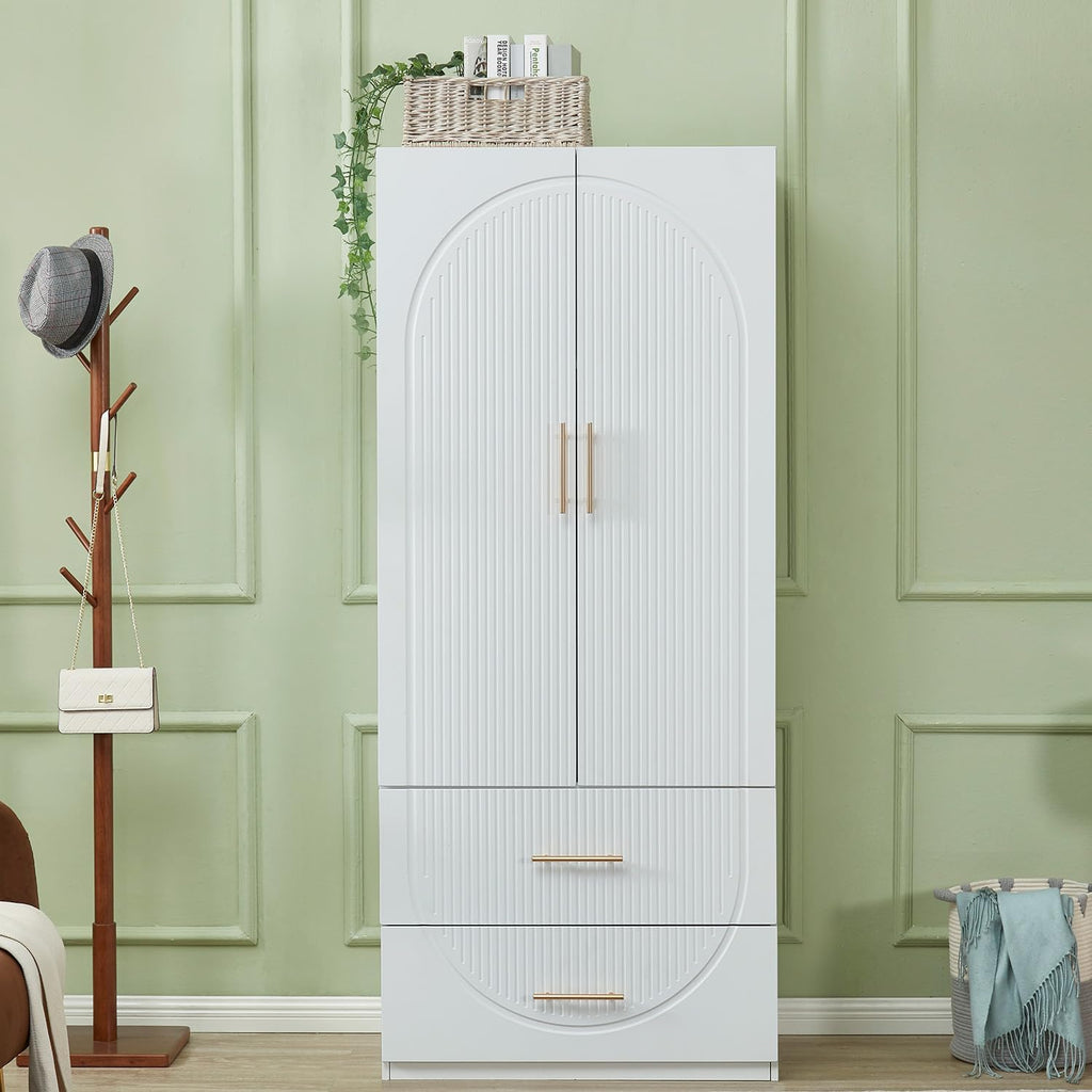Armoire Wardrobe Closet with 3 Door and 2 Drawers Tall Cabinet for Large Capacity, Closet Wardrobe Cabinet with Hanging Rail and Metal Handle White for Bedroom 47.2" W x 20.5" D x 74" H - Grand Goldman