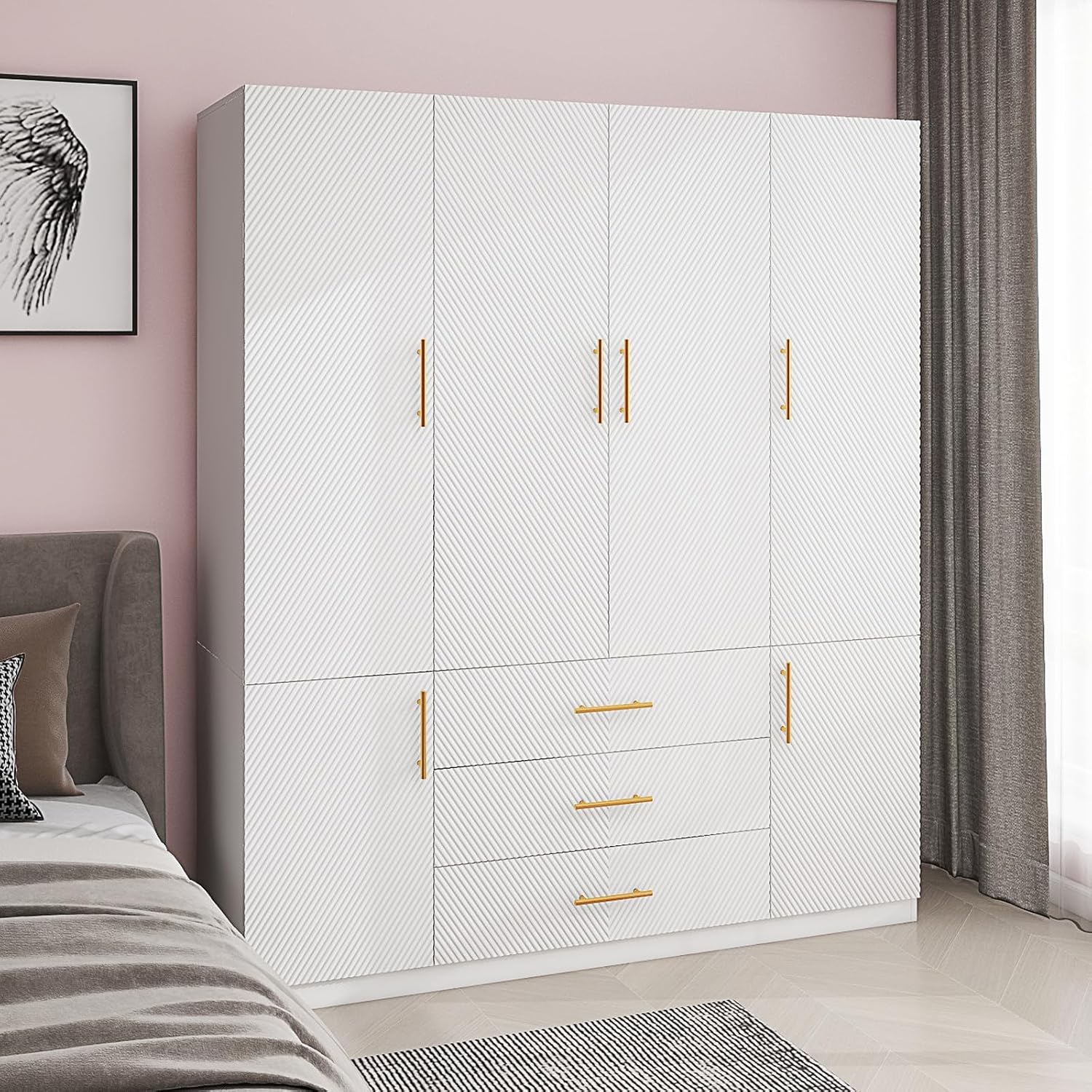 Armoire Wardrobe Closet with 3 Door and 2 Drawers Tall Cabinet for Large Capacity, Closet Wardrobe Cabinet with Hanging Rail and Metal Handle White for Bedroom 47.2" W x 20.5" D x 74" H - Grand Goldman