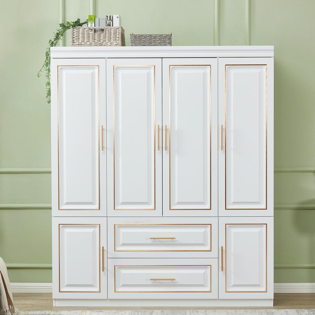 Armoire Wardrobe Closet with 3 Door and 2 Drawers Tall Cabinet for Large Capacity, Closet Wardrobe Cabinet with Hanging Rail and Metal Handle White for Bedroom 47.2" W x 20.5" D x 74" H - Grand Goldman