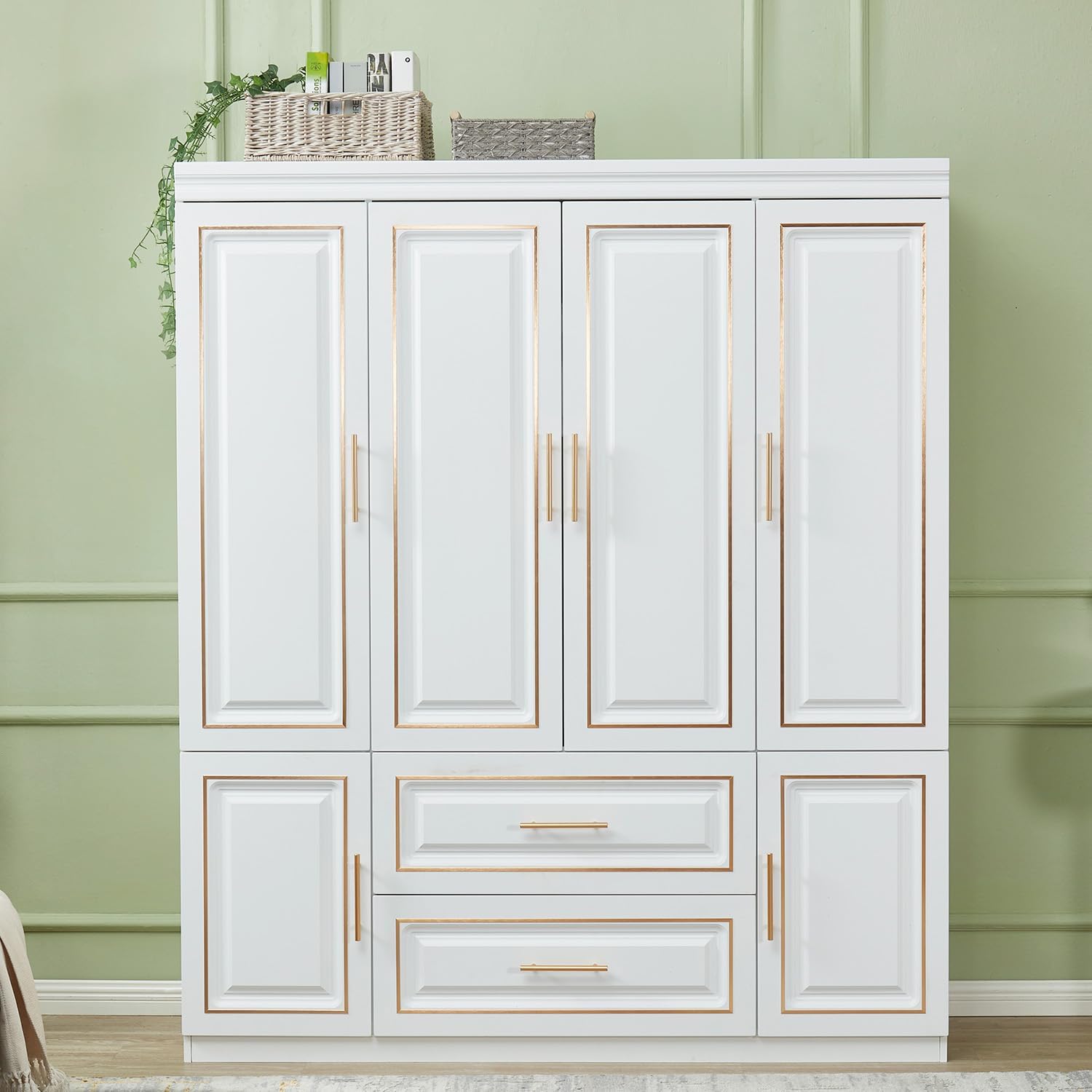 Armoire Wardrobe Closet with 3 Door and 2 Drawers Tall Cabinet for Large Capacity, Closet Wardrobe Cabinet with Hanging Rail and Metal Handle White for Bedroom 47.2" W x 20.5" D x 74" H - Grand Goldman