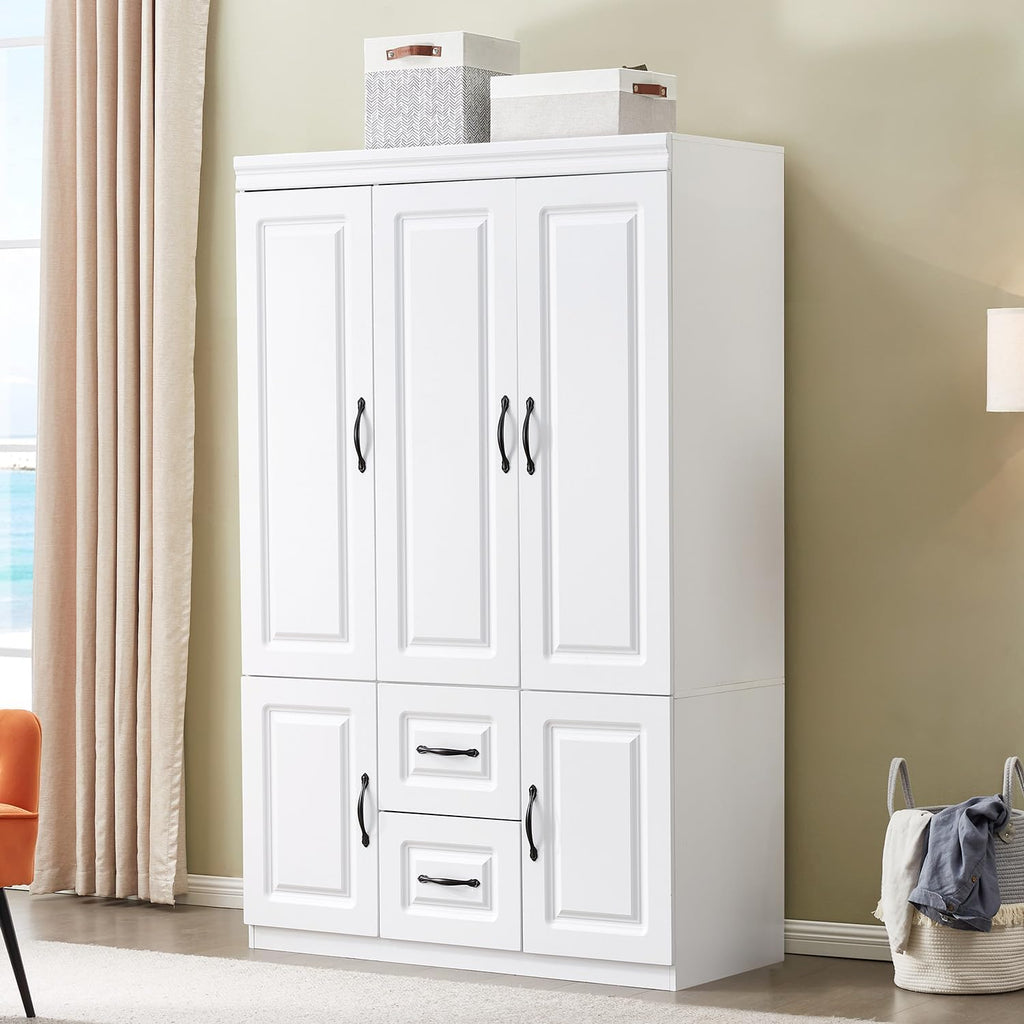 Armoire Wardrobe Closet with 3 Door and 2 Drawers Tall Cabinet for Large Capacity, Closet Wardrobe Cabinet with Hanging Rail and Metal Handle White for Bedroom 47.2" W x 20.5" D x 74" H - Grand Goldman