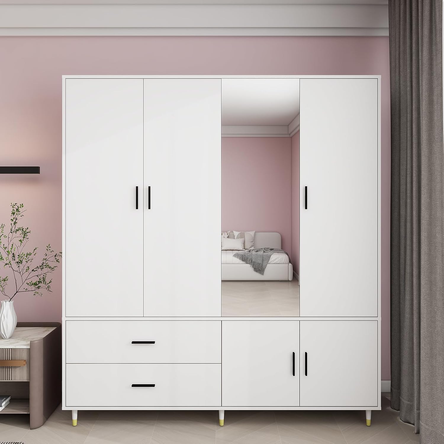 Armoire Wardrobe Closet with 3 Door and 2 Drawers Tall Cabinet for Large Capacity, Closet Wardrobe Cabinet with Hanging Rail and Metal Handle White for Bedroom 47.2" W x 20.5" D x 74" H - Grand Goldman