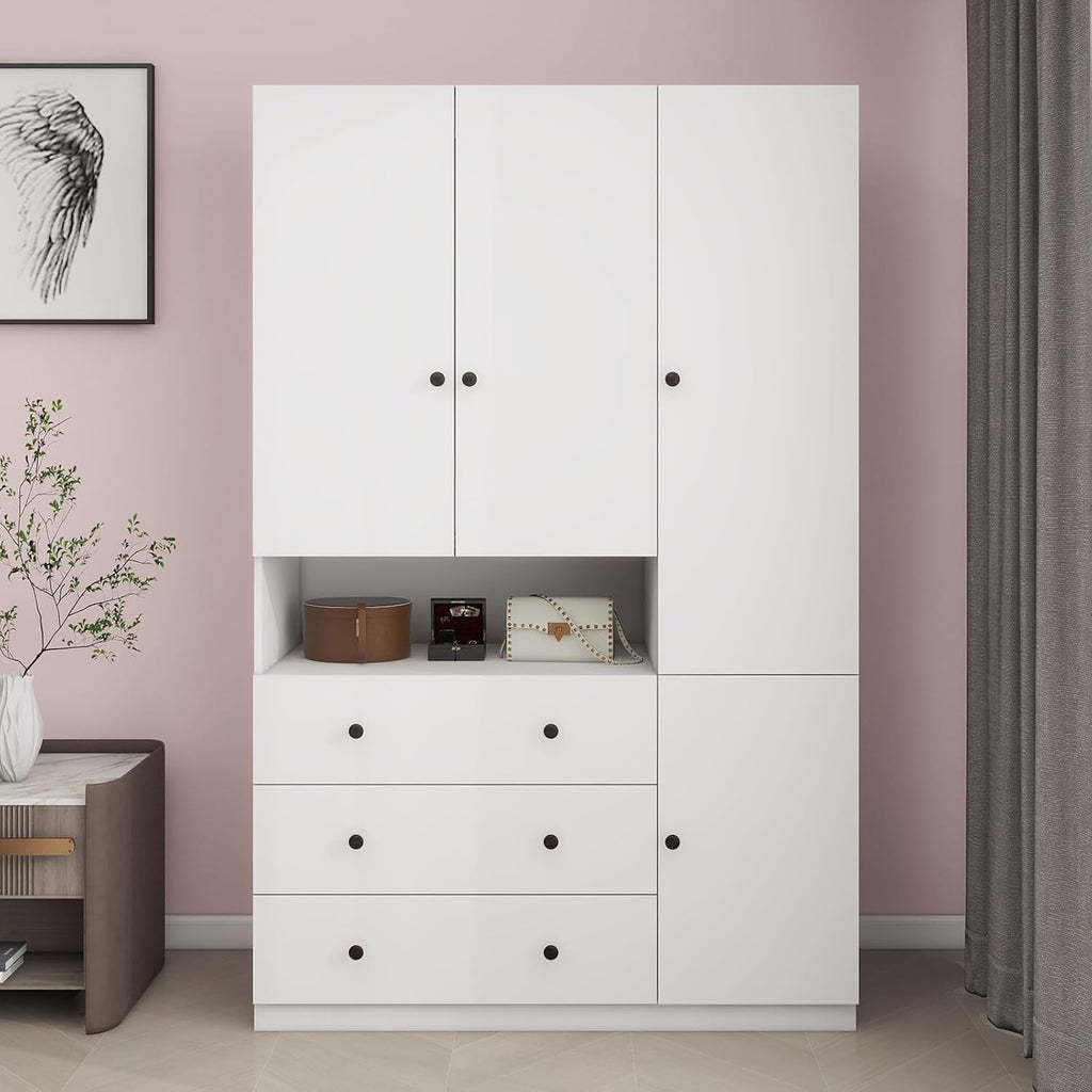 Armoire Wardrobe Closet with 3 Door and 2 Drawers Tall Cabinet for Large Capacity, Closet Wardrobe Cabinet with Hanging Rail and Metal Handle White for Bedroom 47.2" W x 20.5" D x 74" H - Grand Goldman