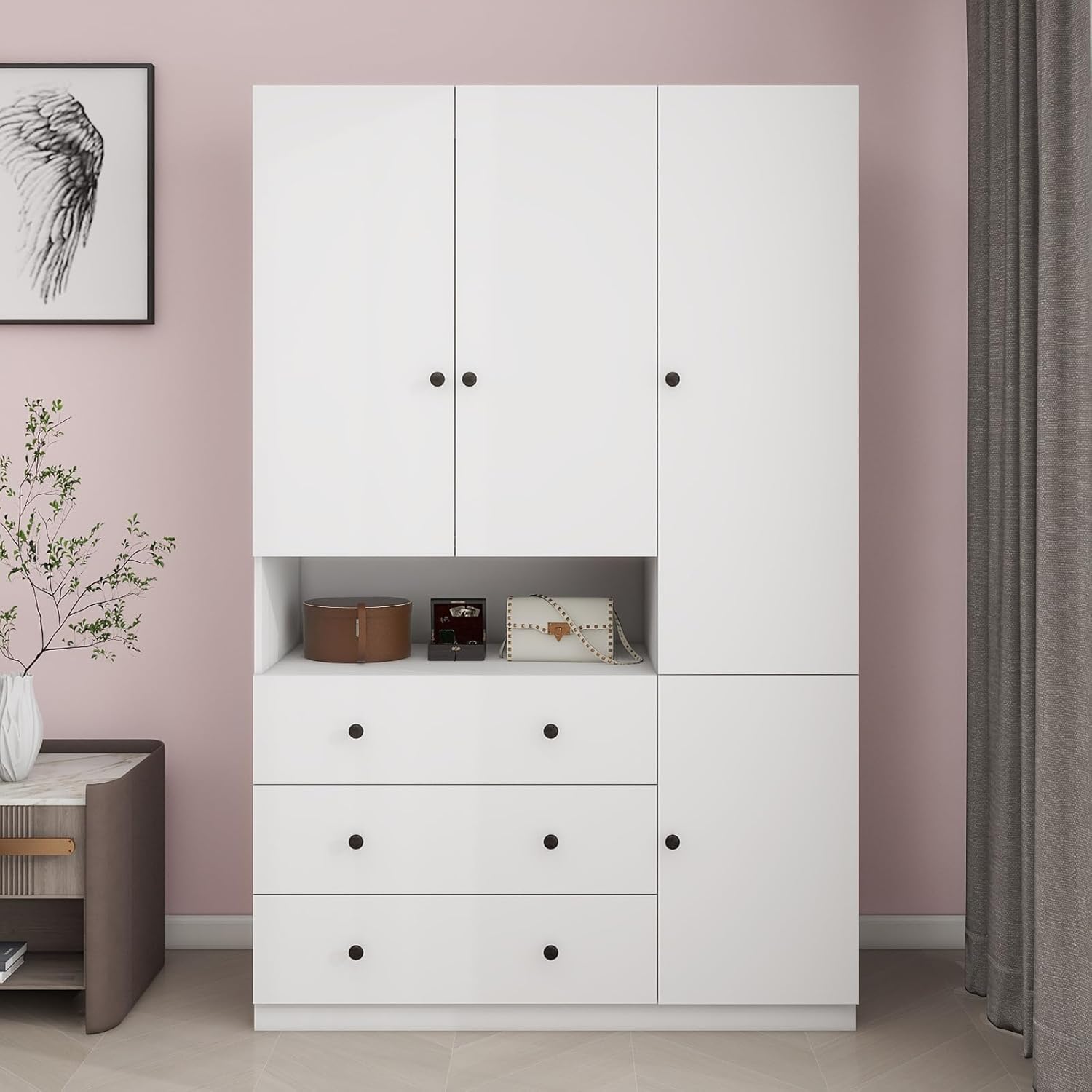 Armoire Wardrobe Closet with 3 Door and 2 Drawers Tall Cabinet for Large Capacity, Closet Wardrobe Cabinet with Hanging Rail and Metal Handle White for Bedroom 47.2" W x 20.5" D x 74" H - Grand Goldman