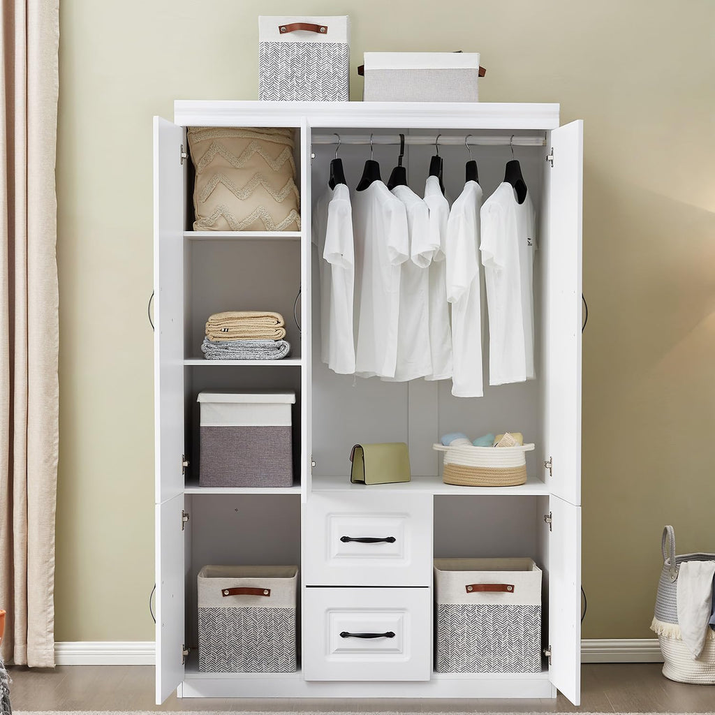 Armoire Wardrobe Closet with 3 Door and 2 Drawers Tall Cabinet for Large Capacity, Closet Wardrobe Cabinet with Hanging Rail and Metal Handle White for Bedroom 47.2" W x 20.5" D x 74" H - Grand Goldman