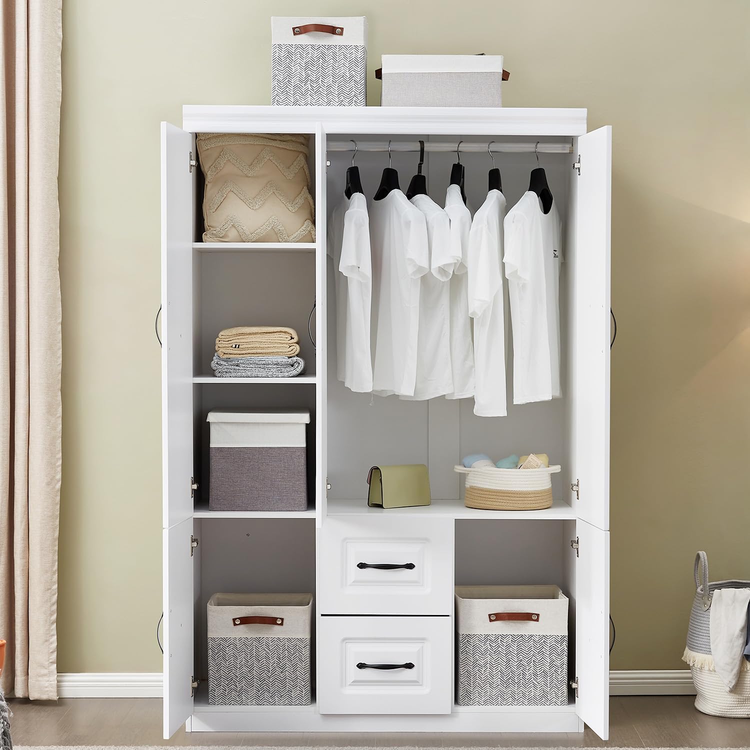 Armoire Wardrobe Closet with 3 Door and 2 Drawers Tall Cabinet for Large Capacity, Closet Wardrobe Cabinet with Hanging Rail and Metal Handle White for Bedroom 47.2" W x 20.5" D x 74" H - Grand Goldman