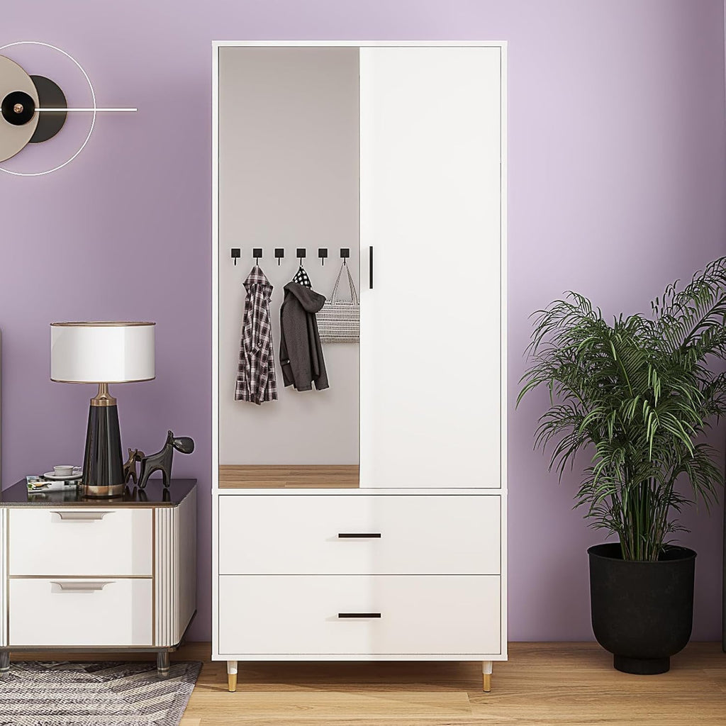 Armoire Wardrobe Closet with 3 Door and 2 Drawers Tall Cabinet for Large Capacity, Closet Wardrobe Cabinet with Hanging Rail and Metal Handle White for Bedroom 47.2" W x 20.5" D x 74" H - Grand Goldman