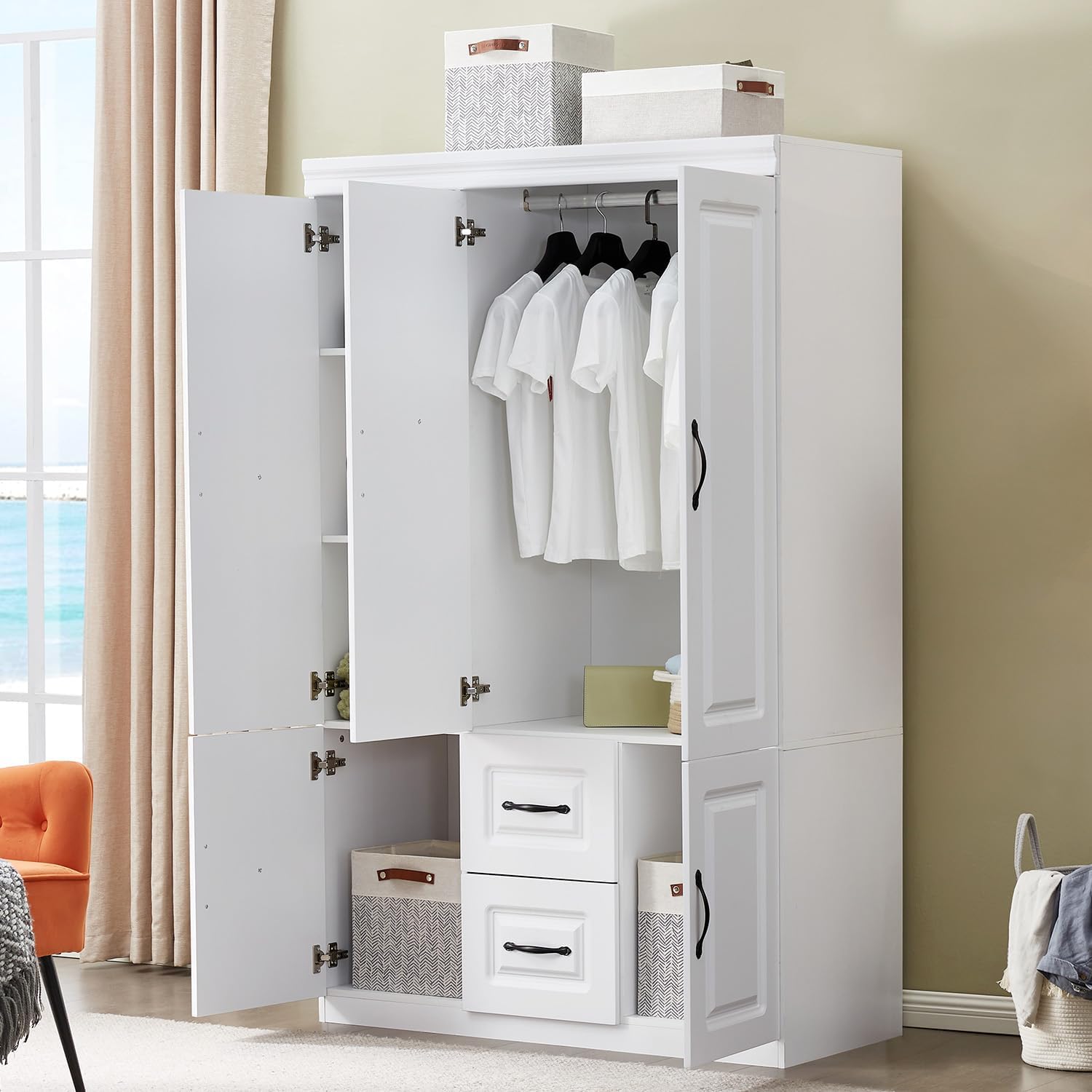Armoire Wardrobe Closet with 3 Door and 2 Drawers Tall Cabinet for Large Capacity, Closet Wardrobe Cabinet with Hanging Rail and Metal Handle White for Bedroom 47.2" W x 20.5" D x 74" H - Grand Goldman