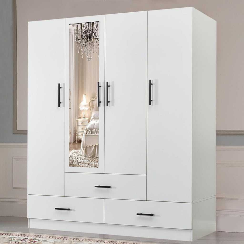 Armoire Wardrobe Closet with 3 Door and 2 Drawers Tall Cabinet for Large Capacity, Closet Wardrobe Cabinet with Hanging Rail and Metal Handle White for Bedroom 47.2" W x 20.5" D x 74" H - Grand Goldman