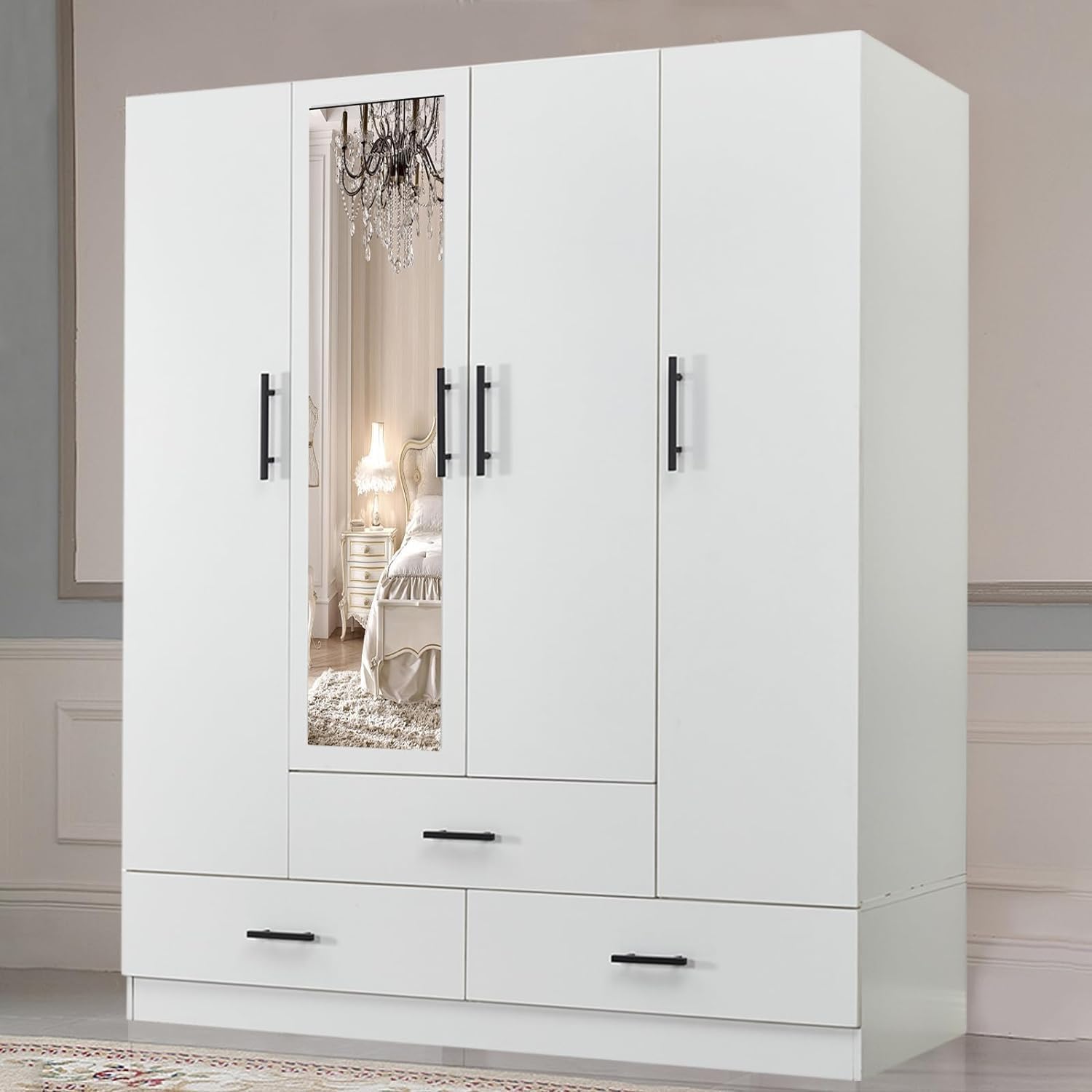 Armoire Wardrobe Closet with 3 Door and 2 Drawers Tall Cabinet for Large Capacity, Closet Wardrobe Cabinet with Hanging Rail and Metal Handle White for Bedroom 47.2" W x 20.5" D x 74" H - Grand Goldman
