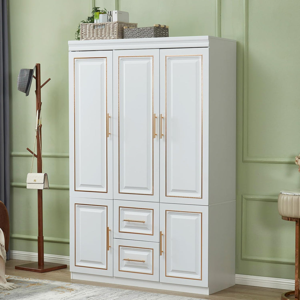 Armoire Wardrobe Closet with 3 Door and 2 Drawers Tall Cabinet for Large Capacity, Closet Wardrobe Cabinet with Hanging Rail and Metal Handle White for Bedroom 47.2" W x 20.5" D x 74" H - Grand Goldman