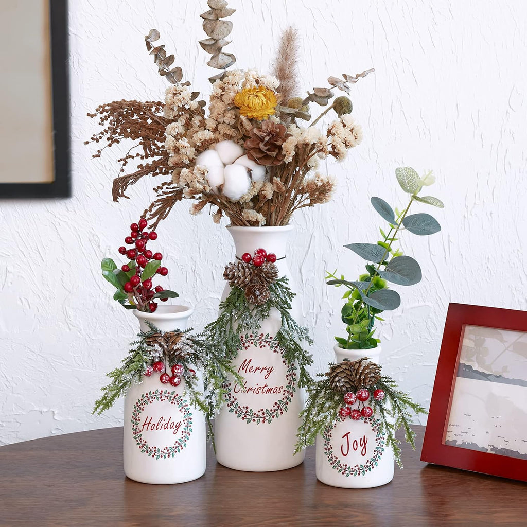 Artificial Christmas Vase 3-Piece Set Flocked with Mixed Xmas Decorations Ceramic White Bottles (White) - Grand Goldman