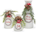 Artificial Christmas Vase 3-Piece Set Flocked with Mixed Xmas Decorations Ceramic White Bottles (White) - Grand Goldman