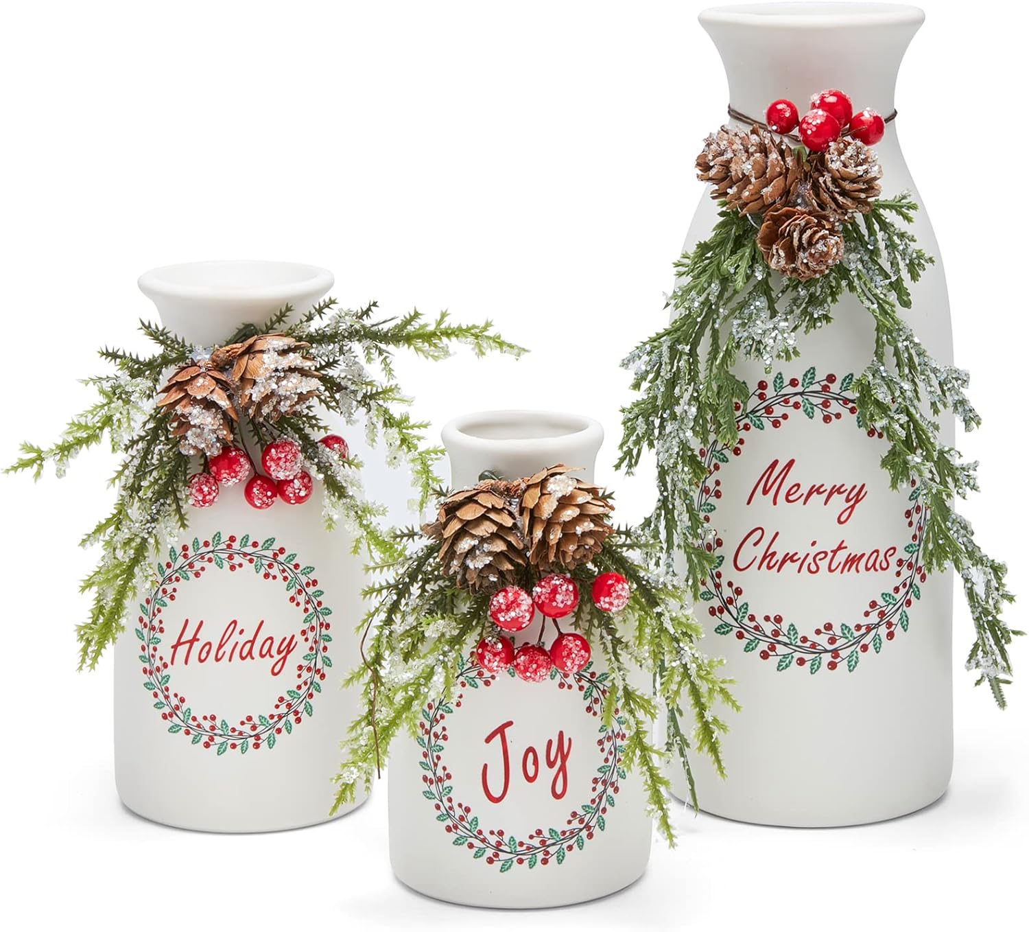 Artificial Christmas Vase 3-Piece Set Flocked with Mixed Xmas Decorations Ceramic White Bottles (White) - Grand Goldman