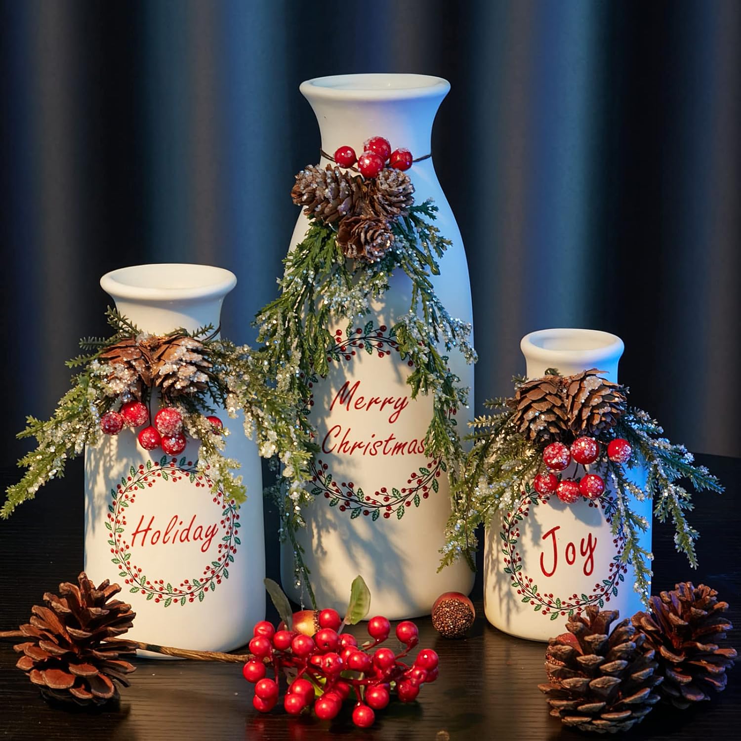 Artificial Christmas Vase 3-Piece Set Flocked with Mixed Xmas Decorations Ceramic White Bottles (White) - Grand Goldman