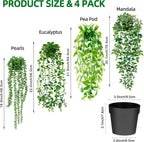 Artificial Hanging Plants for Shelf, 4 Pack Fake Potted Greenery Faux Eucalyptus Vine, Mandala Vine, String of Pearls,Pea pod Leaves in Pot for Office Living Room Bathroom Indoor Outdoor Décor - Grand Goldman
