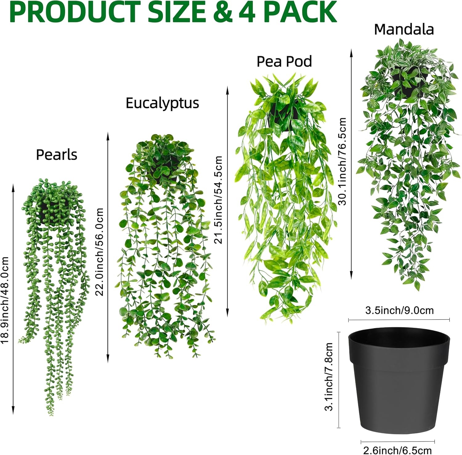 Artificial Hanging Plants for Shelf, 4 Pack Fake Potted Greenery Faux Eucalyptus Vine, Mandala Vine, String of Pearls,Pea pod Leaves in Pot for Office Living Room Bathroom Indoor Outdoor Décor - Grand Goldman