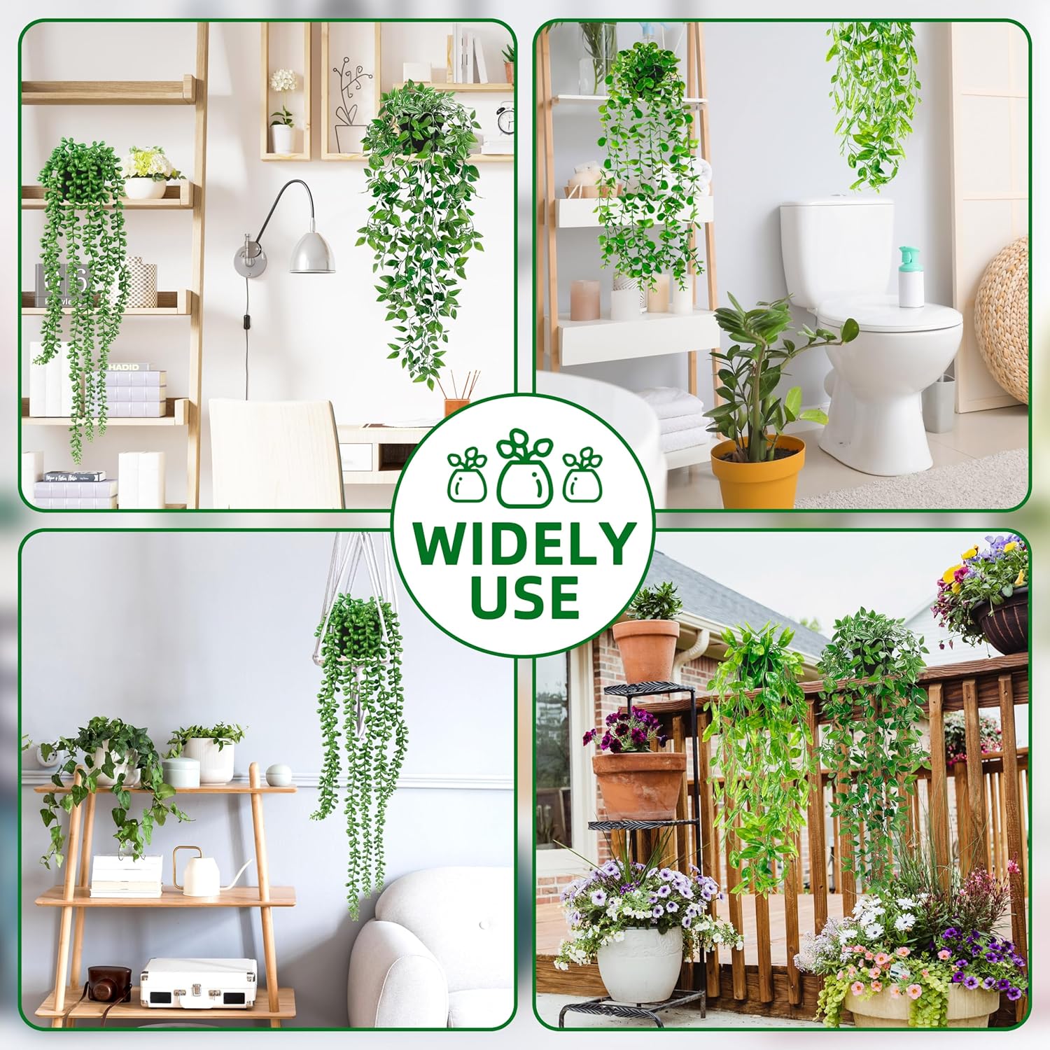 Artificial Hanging Plants for Shelf, 4 Pack Fake Potted Greenery Faux Eucalyptus Vine, Mandala Vine, String of Pearls,Pea pod Leaves in Pot for Office Living Room Bathroom Indoor Outdoor Décor - Grand Goldman