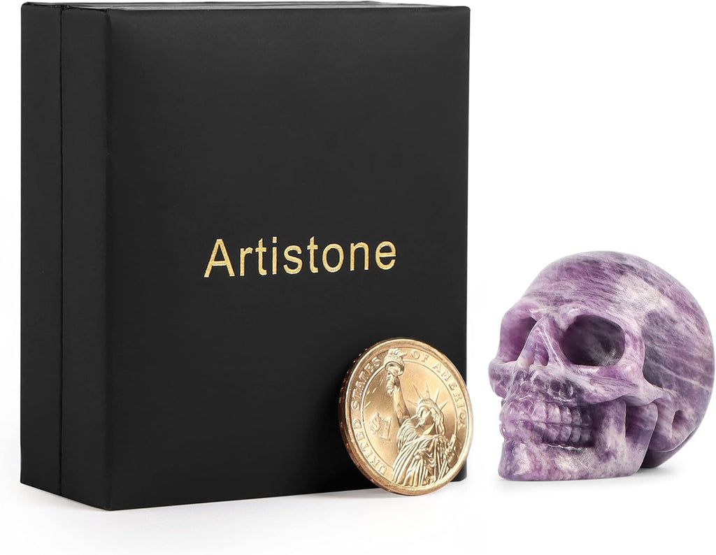 Artistone 2" Crystal Human Skull Head Decor Statue Carved Gemstone Purple Lepidolite Skeleton Head Art Figurines Reiki Healing Stone for Halloween Christmas Ornaments Home Office Decoration - Grand Goldman