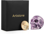 Artistone 2" Crystal Human Skull Head Decor Statue Carved Gemstone Purple Lepidolite Skeleton Head Art Figurines Reiki Healing Stone for Halloween Christmas Ornaments Home Office Decoration - Grand Goldman