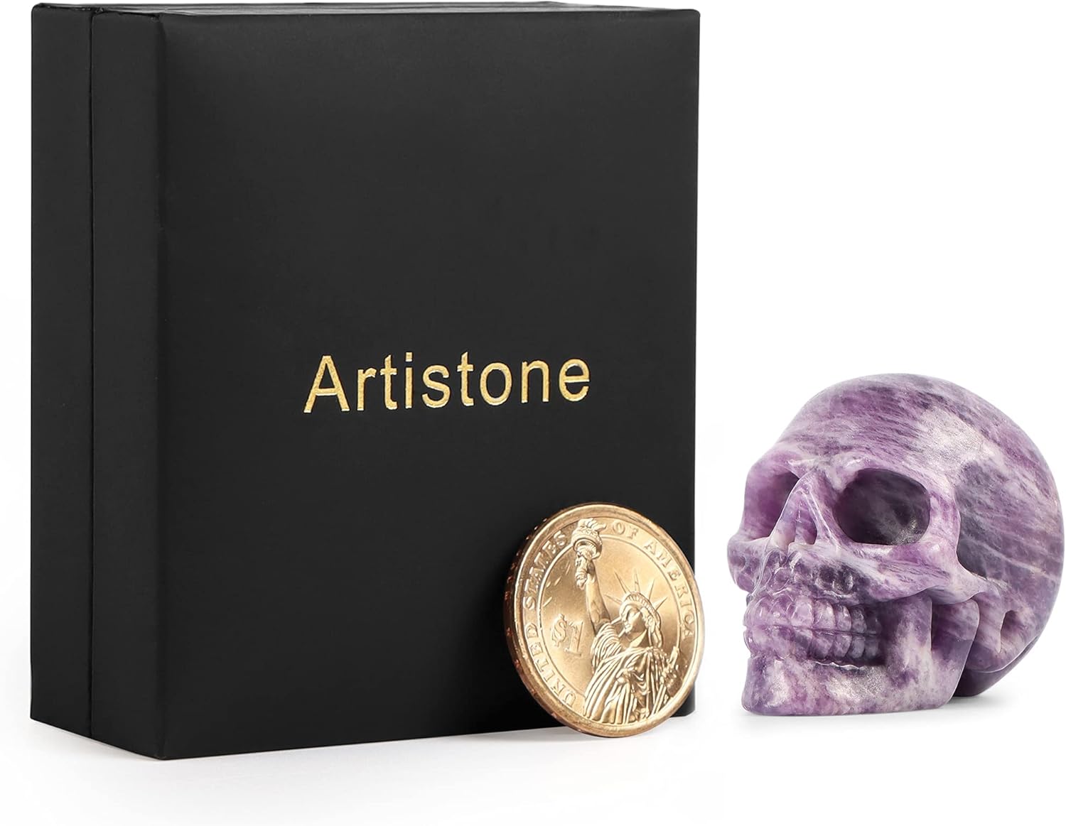 Artistone 2" Crystal Human Skull Head Decor Statue Carved Gemstone Purple Lepidolite Skeleton Head Art Figurines Reiki Healing Stone for Halloween Christmas Ornaments Home Office Decoration - Grand Goldman