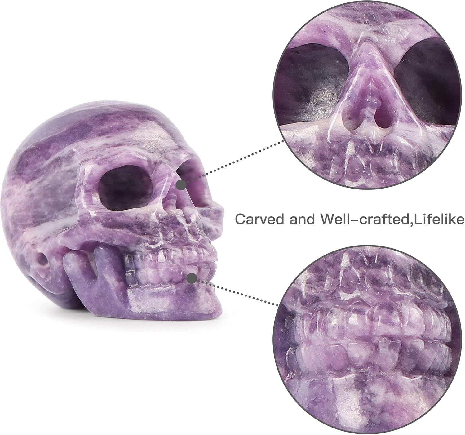 Artistone 2" Crystal Human Skull Head Decor Statue Carved Gemstone Purple Lepidolite Skeleton Head Art Figurines Reiki Healing Stone for Halloween Christmas Ornaments Home Office Decoration - Grand Goldman