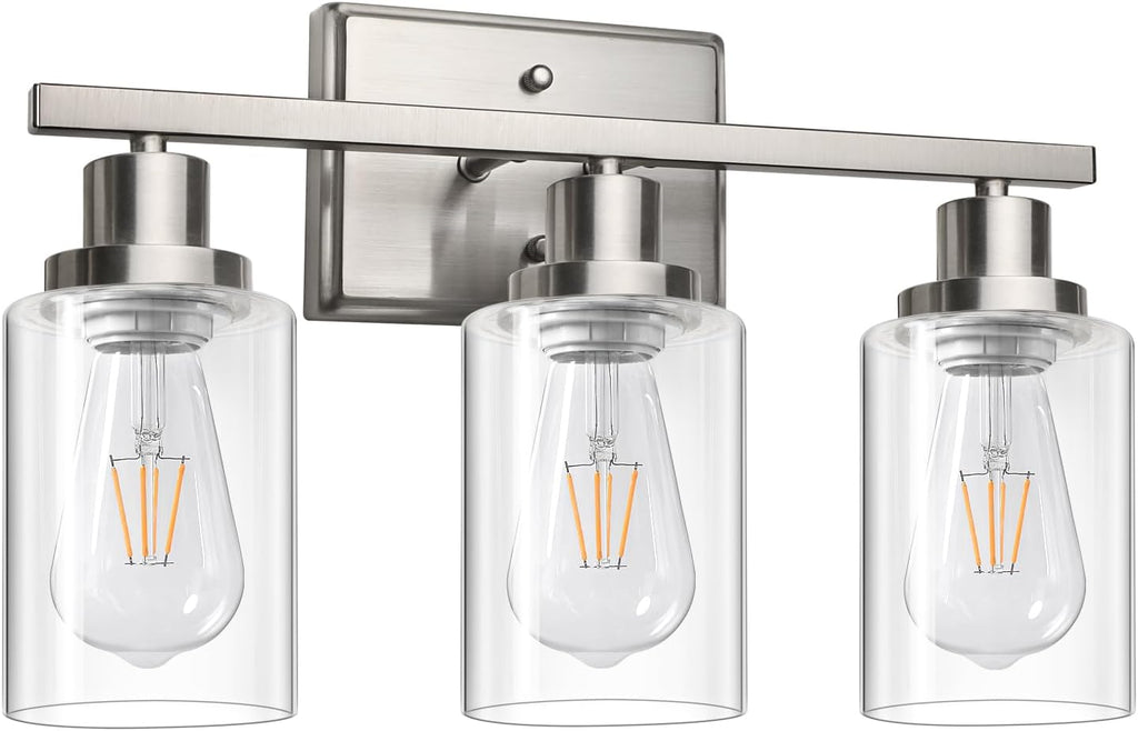 Ascher Bathroom Vanity Light Fixtures, 3 Light Wall Sconces Lighting with Clear Glass Shade, Brushed Nickel Wall Lights for Mirror, Kitchen, Living Room, Gallery, E26 Base (Bulbs Not Included) - Grand Goldman