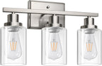 Ascher Bathroom Vanity Light Fixtures, 3 Light Wall Sconces Lighting with Clear Glass Shade, Brushed Nickel Wall Lights for Mirror, Kitchen, Living Room, Gallery, E26 Base (Bulbs Not Included) - Grand Goldman