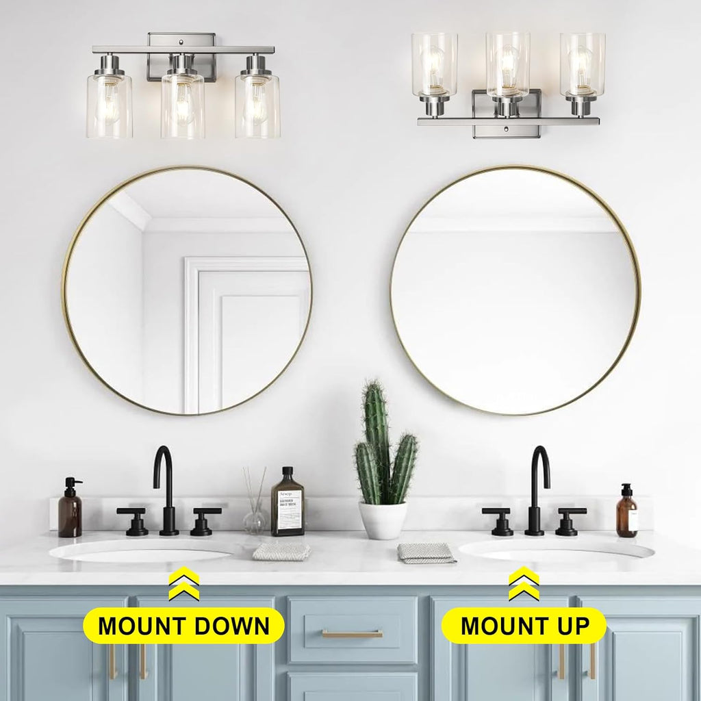 Ascher Bathroom Vanity Light Fixtures, 3 Light Wall Sconces Lighting with Clear Glass Shade, Brushed Nickel Wall Lights for Mirror, Kitchen, Living Room, Gallery, E26 Base (Bulbs Not Included) - Grand Goldman
