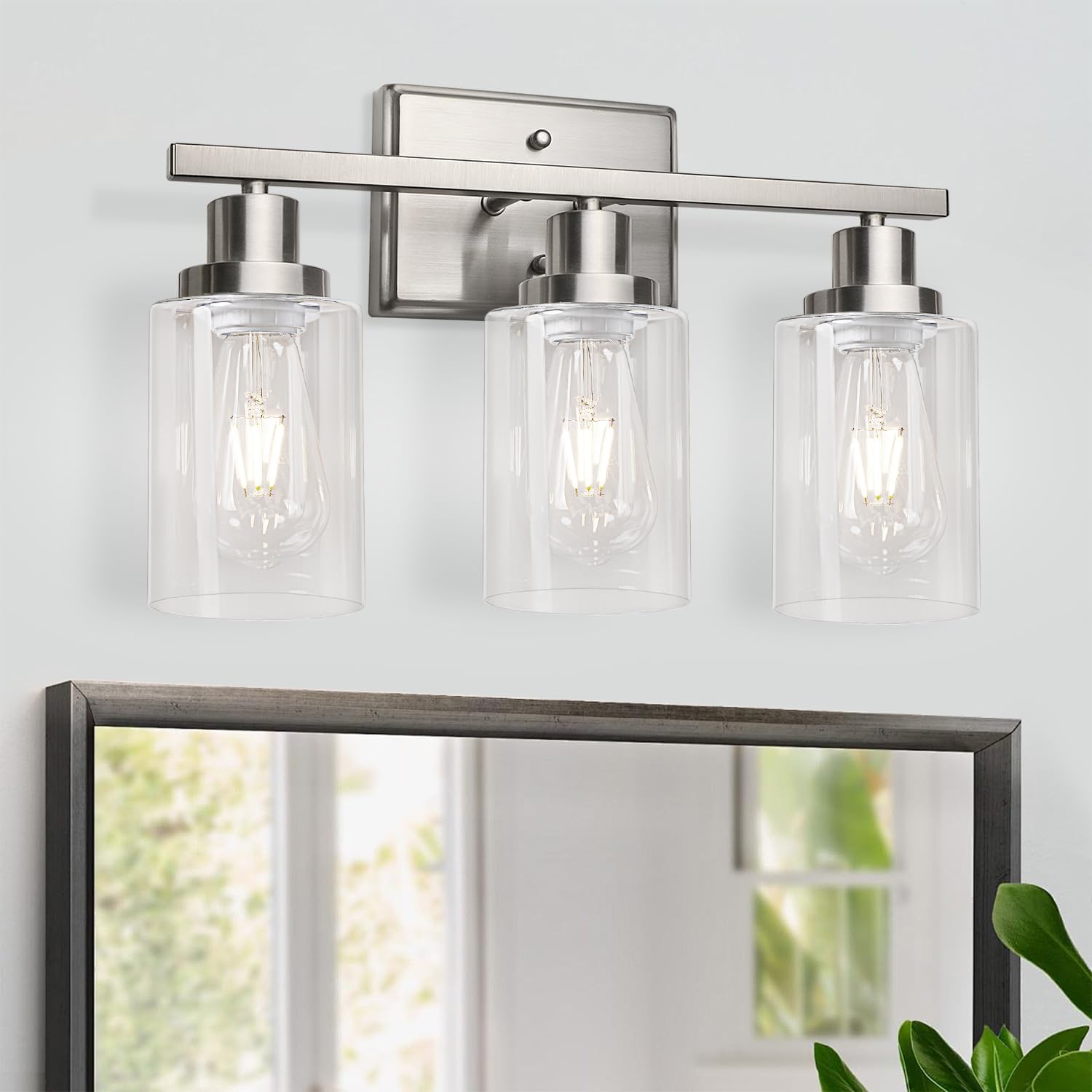 Ascher Bathroom Vanity Light Fixtures, 3 Light Wall Sconces Lighting with Clear Glass Shade, Brushed Nickel Wall Lights for Mirror, Kitchen, Living Room, Gallery, E26 Base (Bulbs Not Included) - Grand Goldman