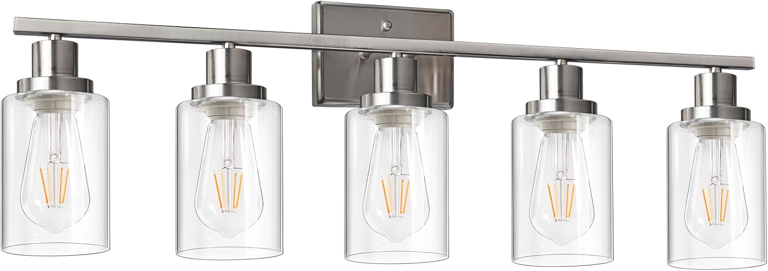 Ascher Bathroom Vanity Light Fixtures, 3 Light Wall Sconces Lighting with Clear Glass Shade, Brushed Nickel Wall Lights for Mirror, Kitchen, Living Room, Gallery, E26 Base (Bulbs Not Included) - Grand Goldman