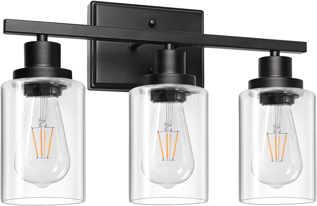 Ascher Bathroom Vanity Light Fixtures, 3 Light Wall Sconces Lighting with Clear Glass Shade, Brushed Nickel Wall Lights for Mirror, Kitchen, Living Room, Gallery, E26 Base (Bulbs Not Included) - Grand Goldman