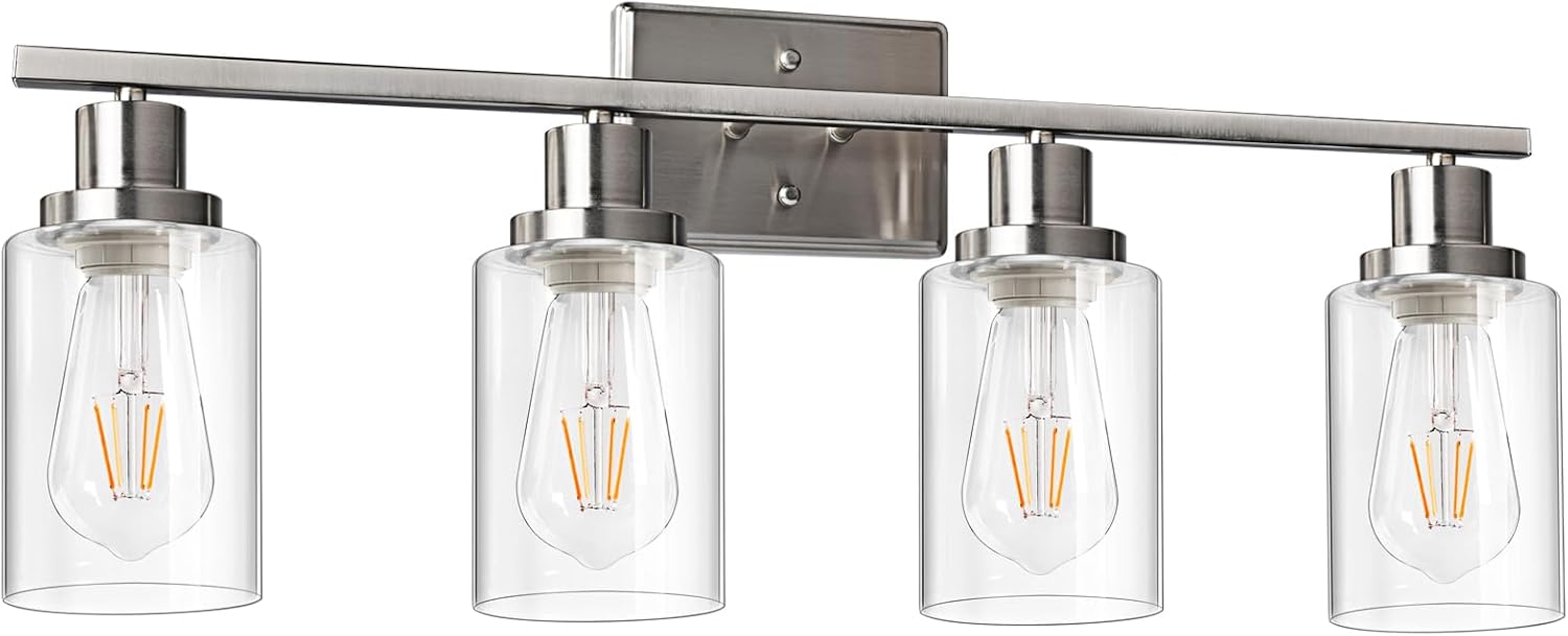 Ascher Bathroom Vanity Light Fixtures, 3 Light Wall Sconces Lighting with Clear Glass Shade, Brushed Nickel Wall Lights for Mirror, Kitchen, Living Room, Gallery, E26 Base (Bulbs Not Included) - Grand Goldman