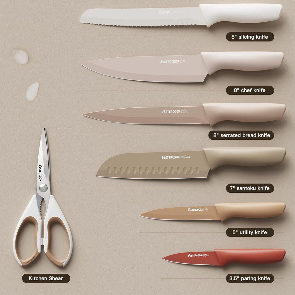 Astercook Knife Set, 13 Pieces Kitchen Knives Set with Healthy Anti-Rust Coating, Dishwasher Safe, Stainless Steel Chef Knife Sets with 6 Blade Guards, Perfect Holiday Gifts for Kitchen - Grand Goldman