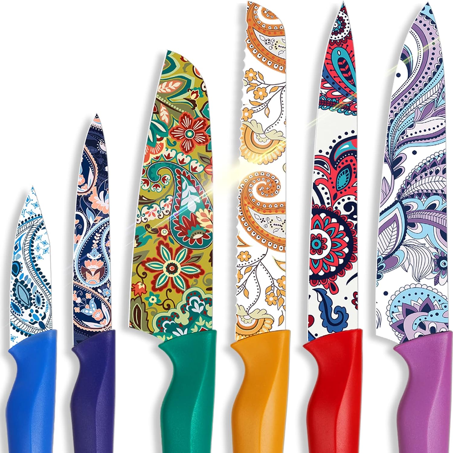 Astercook Paisley Pattern Knife Set with Cover, Dishwasher Safe Colorful Knives with 6 Knife Sheath, German Stainless Steel Rainbow Knife Set - Grand Goldman