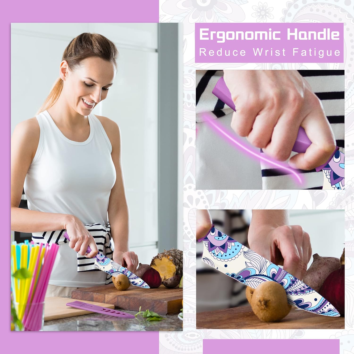 Astercook Paisley Pattern Knife Set with Cover, Dishwasher Safe Colorful Knives with 6 Knife Sheath, German Stainless Steel Rainbow Knife Set - Grand Goldman