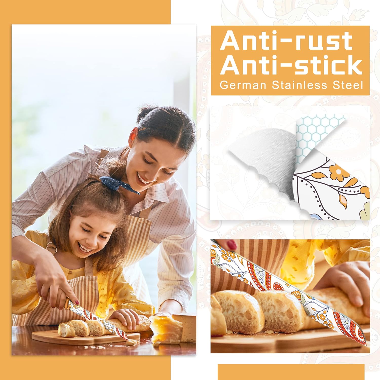 Astercook Paisley Pattern Knife Set with Cover, Dishwasher Safe Colorful Knives with 6 Knife Sheath, German Stainless Steel Rainbow Knife Set - Grand Goldman