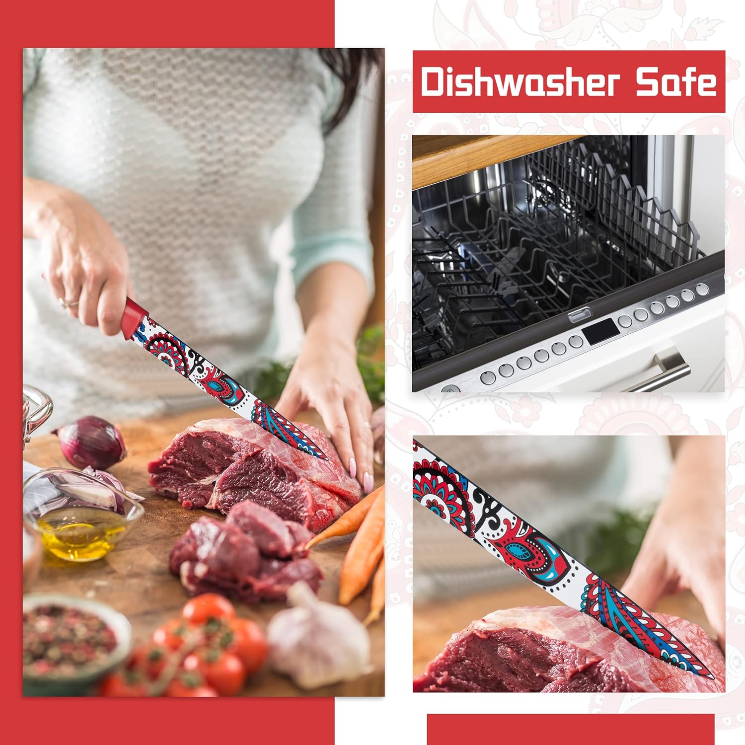 Astercook Paisley Pattern Knife Set with Cover, Dishwasher Safe Colorful Knives with 6 Knife Sheath, German Stainless Steel Rainbow Knife Set - Grand Goldman