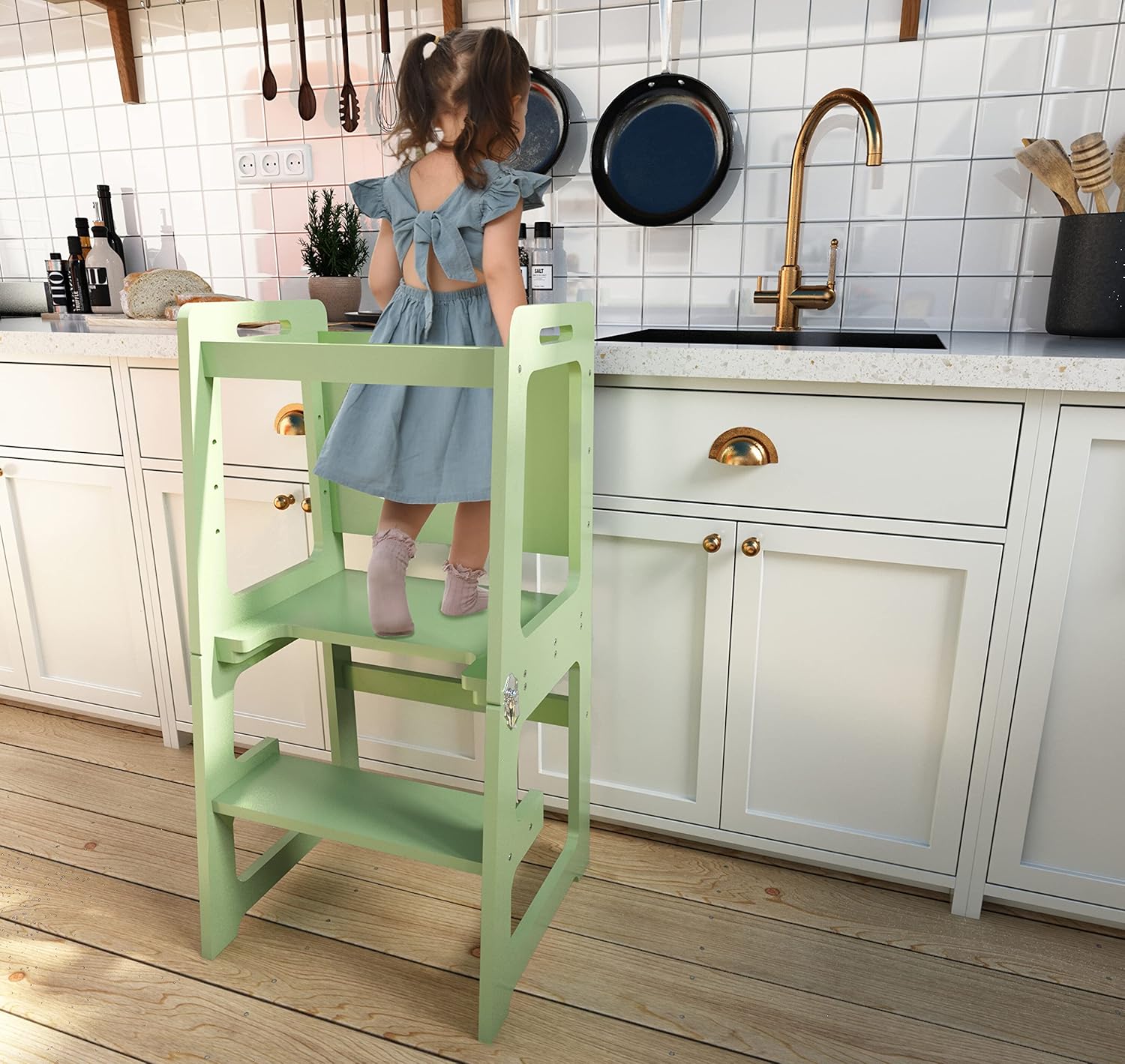 Avenlur Date 4-in-1 Foldable Kitchen Tower - Toddler Step Stool with Chalkboard, Desk Table and Chair - Waldorf and Montessori Kitchen Stool - Kitchen Stool Tower for Toddlers 18 Months to 6 Years - Grand Goldman