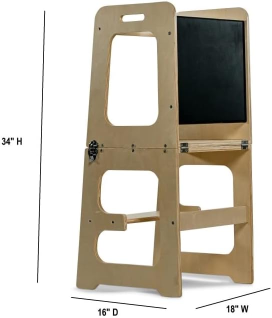 Avenlur Date 4-in-1 Foldable Kitchen Tower - Toddler Step Stool with Chalkboard, Desk Table and Chair - Waldorf and Montessori Kitchen Stool - Kitchen Stool Tower for Toddlers 18 Months to 6 Years - Grand Goldman