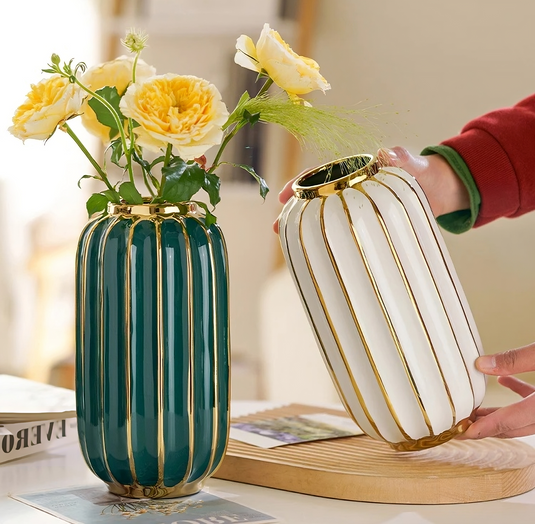 BARNEYS Vase en céramique plaqué or avec design cylindrique convexe, pot de fleurs décoratif de style européen, décoration de maison, décoration de mariage en porcelaine