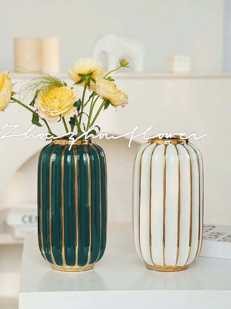 BARNEYS Gold Plated Ceramic Vase With Convex Cylindrical Design European Style Decorative Flower Pot Home Decor Porcelain Wedding Decoration - Grand Goldman