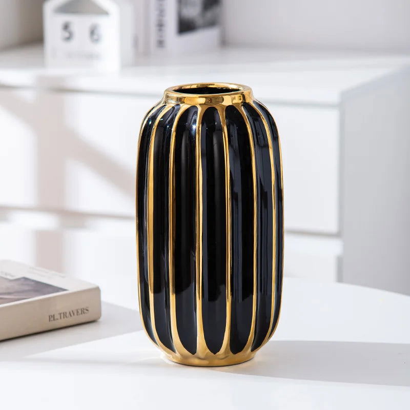 BARNEYS Gold Plated Ceramic Vase With Convex Cylindrical Design European Style Decorative Flower Pot Home Decor Porcelain Wedding Decoration - Grand Goldman