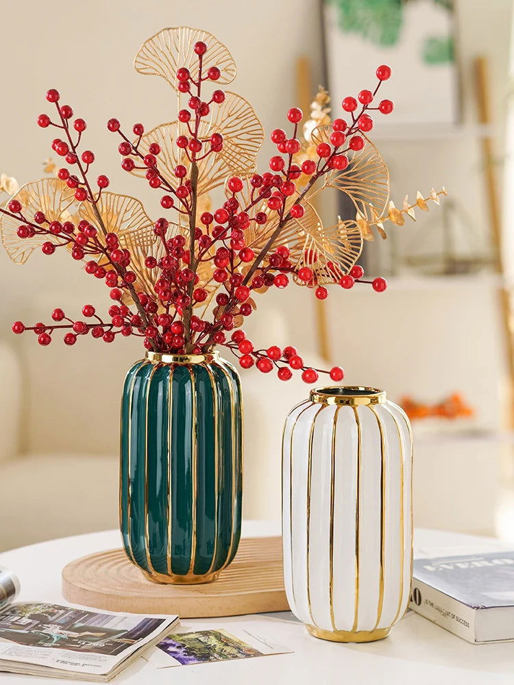 BARNEYS Gold Plated Ceramic Vase With Convex Cylindrical Design European Style Decorative Flower Pot Home Decor Porcelain Wedding Decoration - Grand Goldman