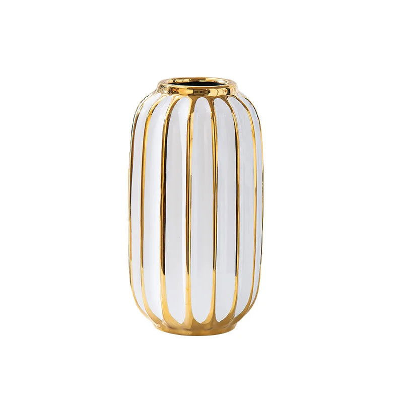 BARNEYS Gold Plated Ceramic Vase With Convex Cylindrical Design European Style Decorative Flower Pot Home Decor Porcelain Wedding Decoration - Grand Goldman