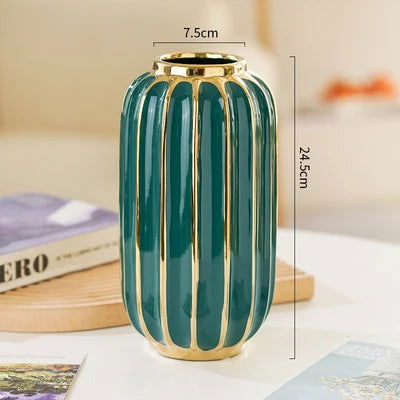 BARNEYS Gold Plated Ceramic Vase With Convex Cylindrical Design European Style Decorative Flower Pot Home Decor Porcelain Wedding Decoration - Grand Goldman
