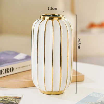 BARNEYS Gold Plated Ceramic Vase With Convex Cylindrical Design European Style Decorative Flower Pot Home Decor Porcelain Wedding Decoration - Grand Goldman