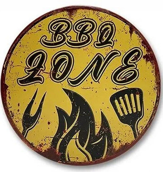 BBQ Zone Round Retro Metal Tin Sign Nostalgic Iron Painting Novelty For Restaurant Cafe Bar Garage Bar Kitchen Garden Wall Decor - Grand Goldman