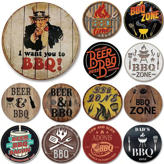 BBQ Zone Round Retro Metal Tin Sign Nostalgic Iron Painting Novelty For Restaurant Cafe Bar Garage Bar Kitchen Garden Wall Decor - Grand Goldman