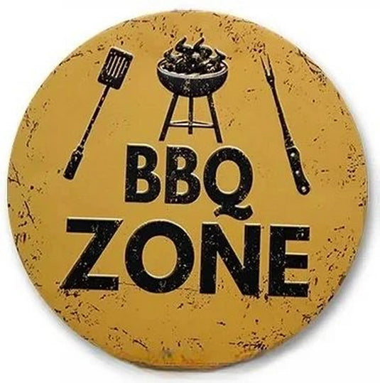 BBQ Zone Round Retro Metal Tin Sign Nostalgic Iron Painting Novelty For Restaurant Cafe Bar Garage Bar Kitchen Garden Wall Decor - Grand Goldman
